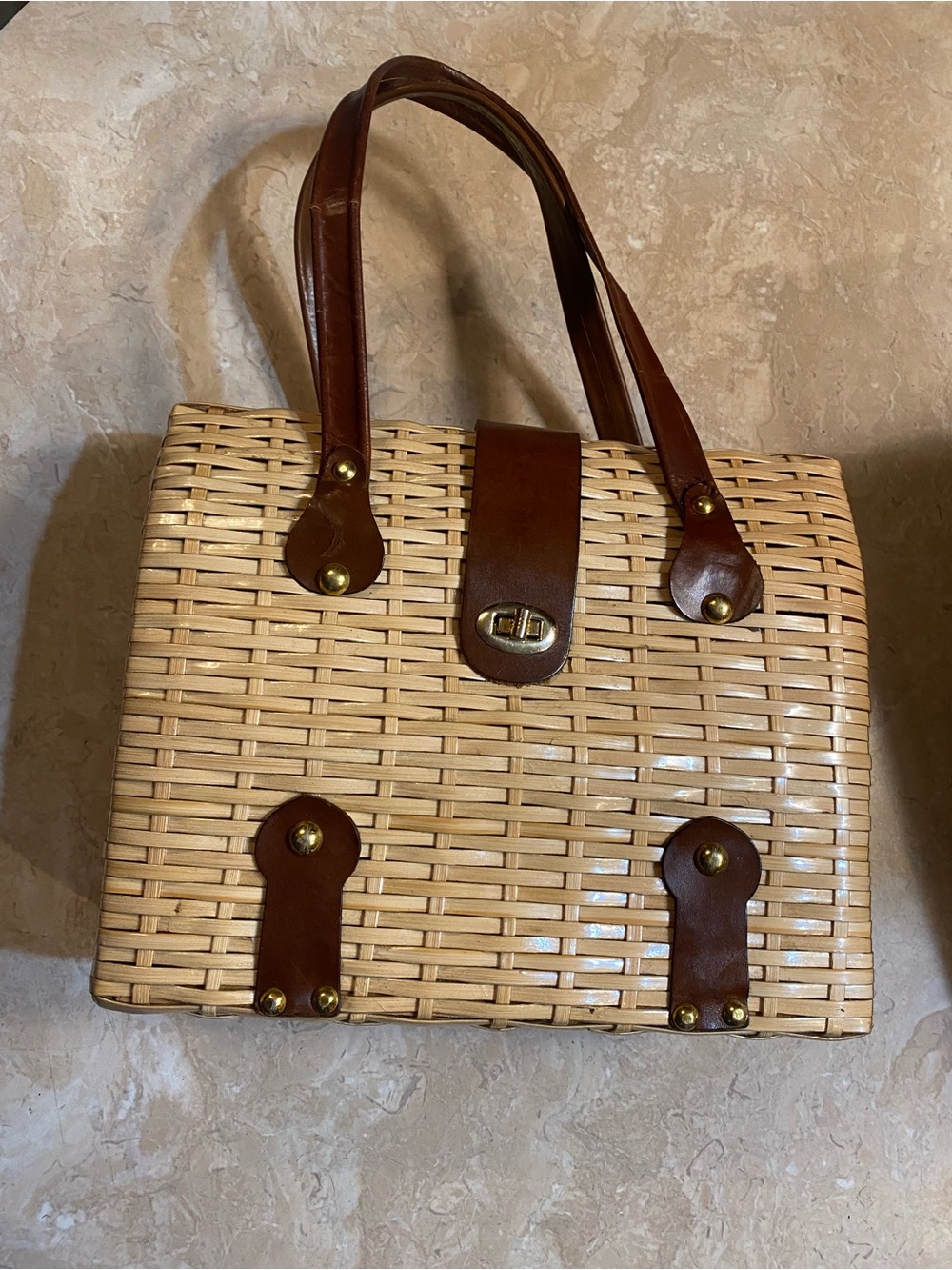 Source Unknown Beige Woven Tote with Brown Leather Accents VINTAGE
